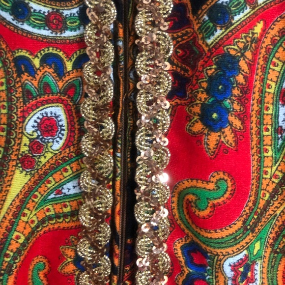 Vintage 60s 70s Psychedelic Paisley Palazzo Jumpsuit Gold Rick Rack Trim S-XS - Picture 4 of 12